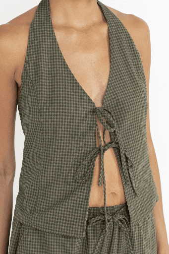 TOP RHYTHM LOUISE CHECK HALTER TOP - OLIVE