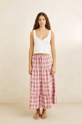 SKIRT RHYTHM CHELSEA CHECK TIEREDE MAXI - PLUM