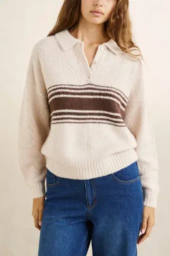 KNIT RHYTHM STRATA COLLARED JUMPER - NATURAL (