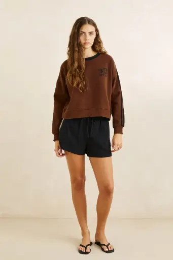 CREW NECK RHYTHM CONTRAST SLOUCHY FLEECE - CHOCOLATE (